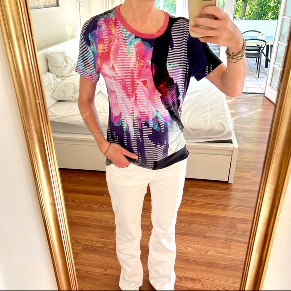 Prabal Gurung Blue Pink Black Pattern T-Shirt - Picture 9 of 12